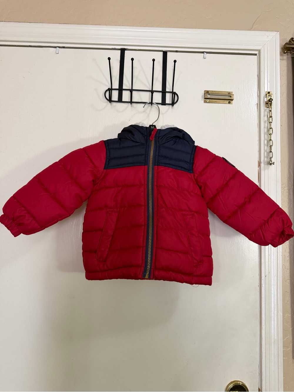 Red Puff Jacket with Navy Yoke and Hood (267)